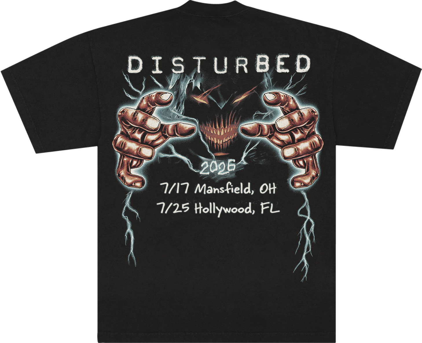 A black short-sleeve t-shirt shown from the back, featuring a large graphic print for the band Disturbed. The design includes the band&