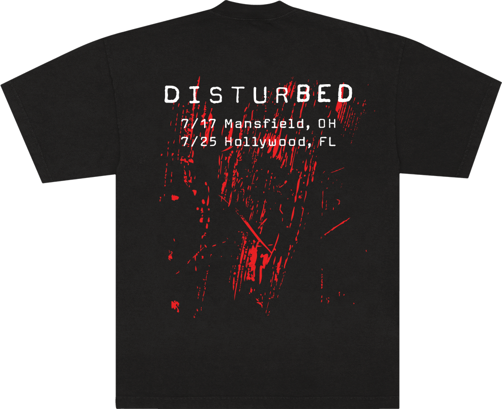 Black short-sleeve t-shirt shown from the back, featuring a distressed red paint-splatter graphic and white text that reads &