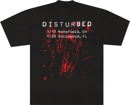 Black short-sleeve t-shirt shown from the back, featuring a distressed red paint-splatter graphic and white text that reads &