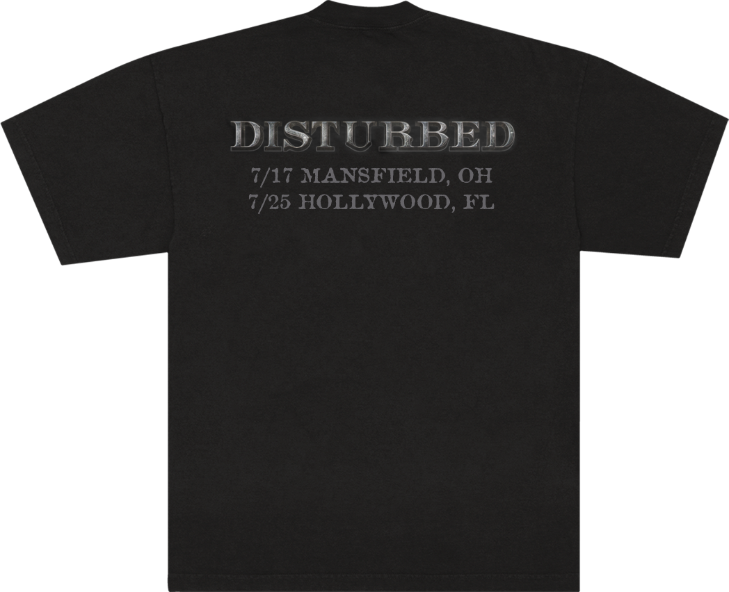 A black short-sleeve t-shirt shown from the back, featuring the band name &