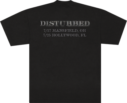 A black short-sleeve t-shirt shown from the back, featuring the band name &