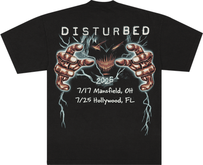 A black short-sleeve t-shirt shown from the back, featuring a large graphic print for the band Disturbed. The design includes the band&