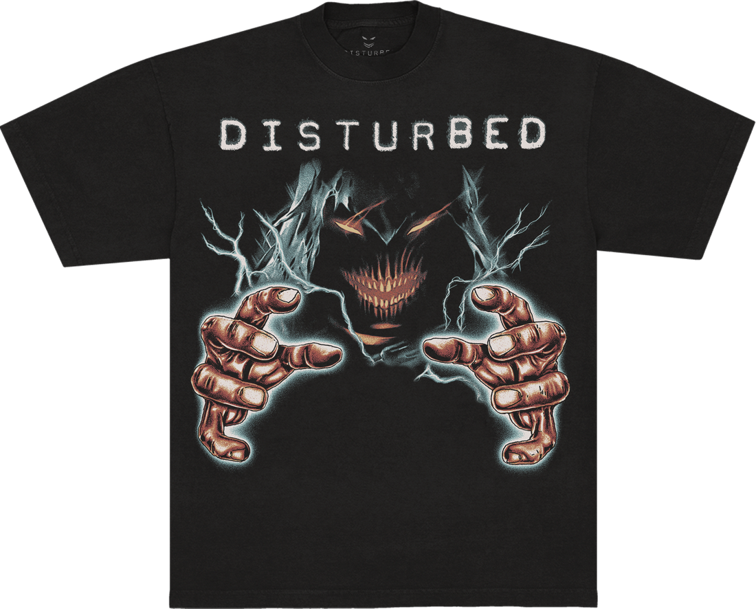 A black short-sleeve t-shirt with a graphic print of the band Disturbed. The design features the band&