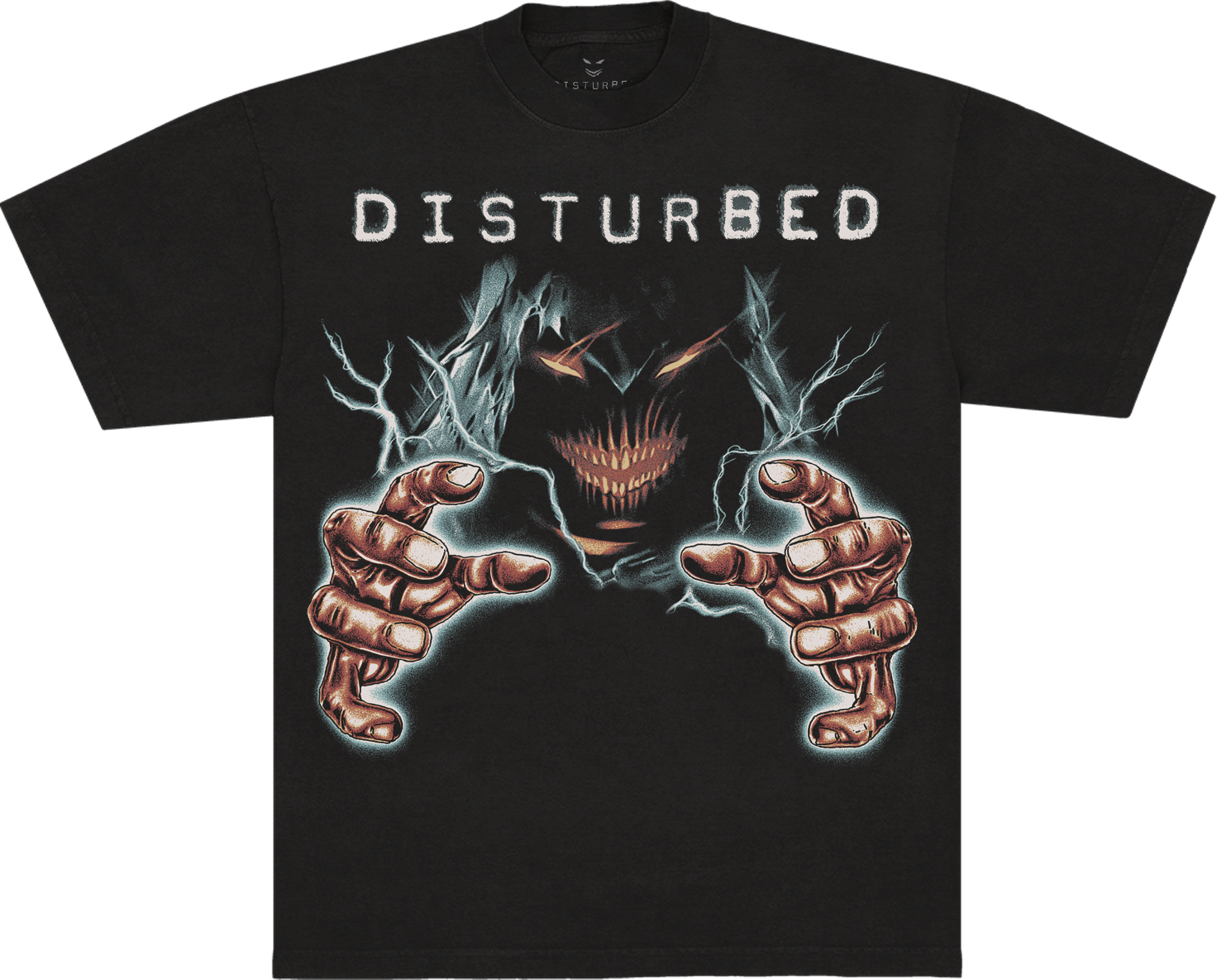 A black short-sleeve t-shirt with a graphic print of the band Disturbed. The design features the band&