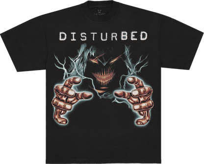 A black short-sleeve t-shirt with a graphic print of the band Disturbed. The design features the band&