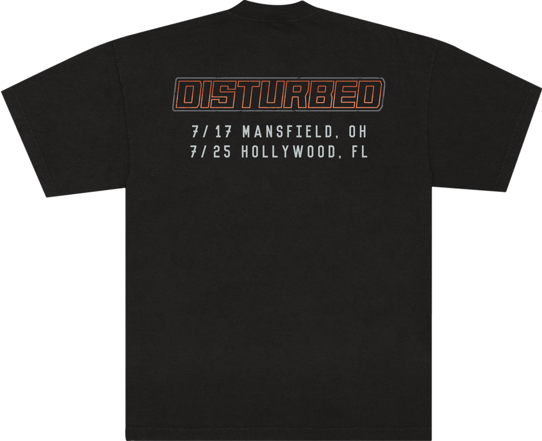 Black short-sleeve t-shirt shown from the back, featuring a distressed orange and white &