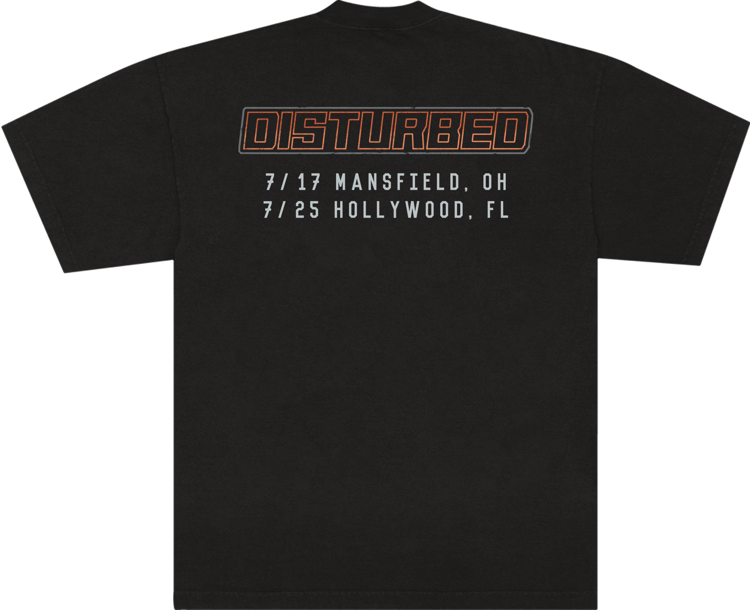Black short-sleeve t-shirt shown from the back, featuring a distressed orange and white &