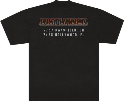 Black short-sleeve t-shirt shown from the back, featuring a distressed orange and white &