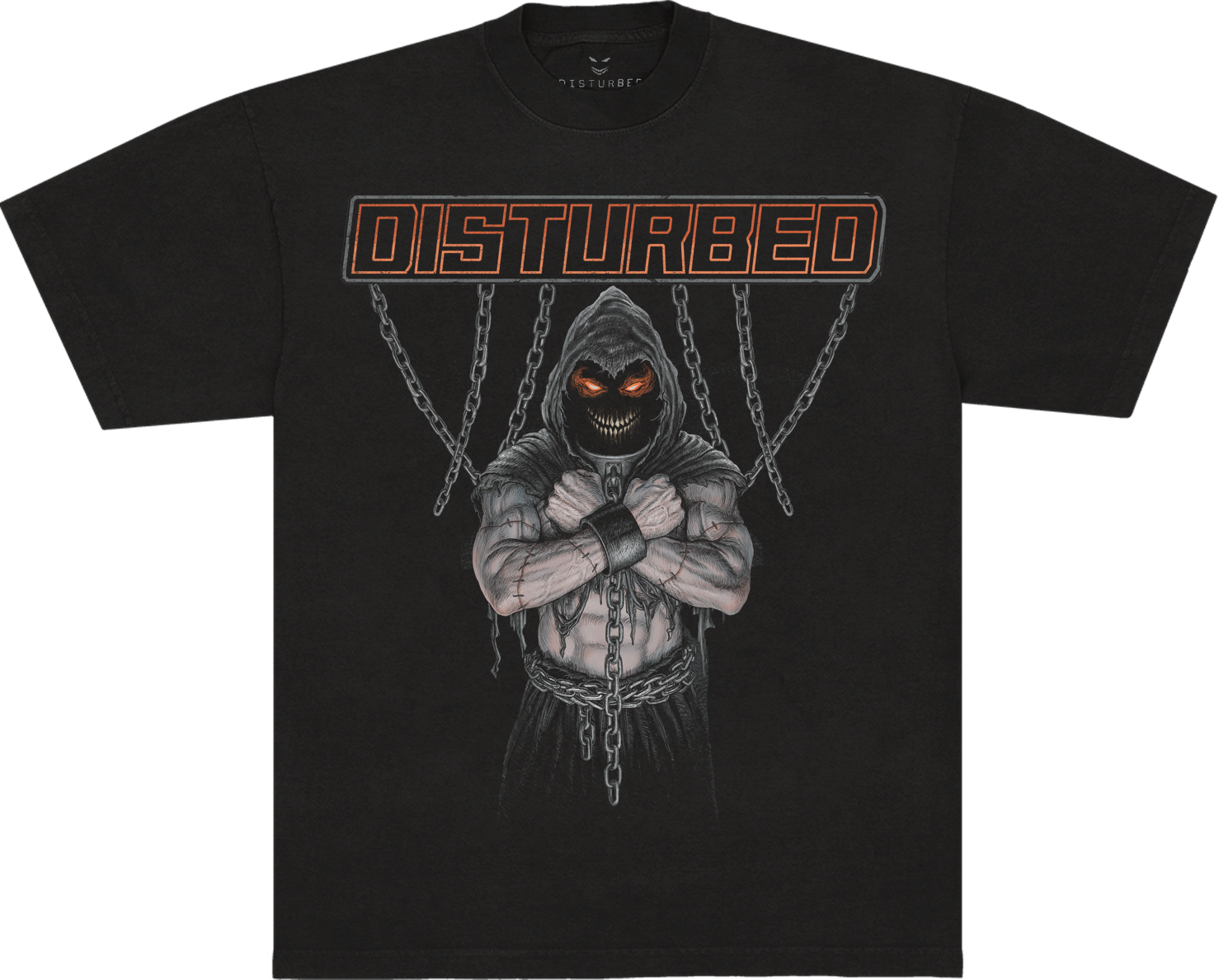 A black short-sleeve t-shirt featuring a graphic of a hooded skeletal character with glowing orange eyes and chains, under the word &