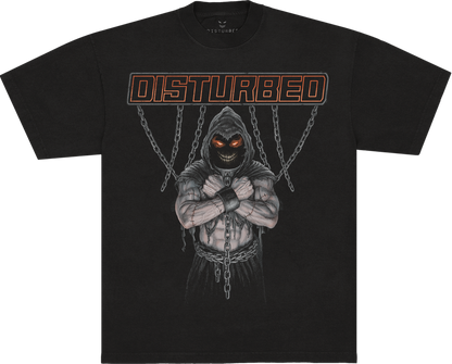 A black short-sleeve t-shirt featuring a graphic of a hooded skeletal character with glowing orange eyes and chains, under the word &