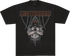A black short-sleeve t-shirt featuring a graphic of a hooded skeletal character with glowing orange eyes and chains, under the word &